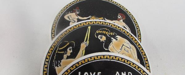 Set of 6 Handmade Erotic Greek Pottery Coasters | Hand-Painted Terracotta Adult Conversation Drink Coasters
