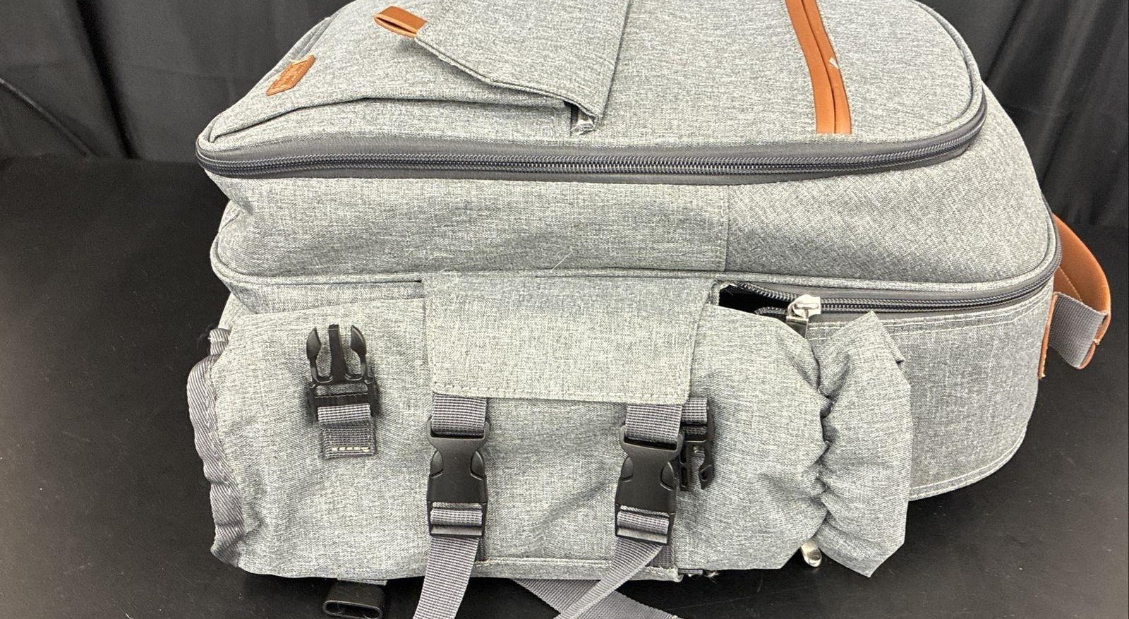 Sunflora Grey Picnic Backpack with Brown Faux Leather Accents