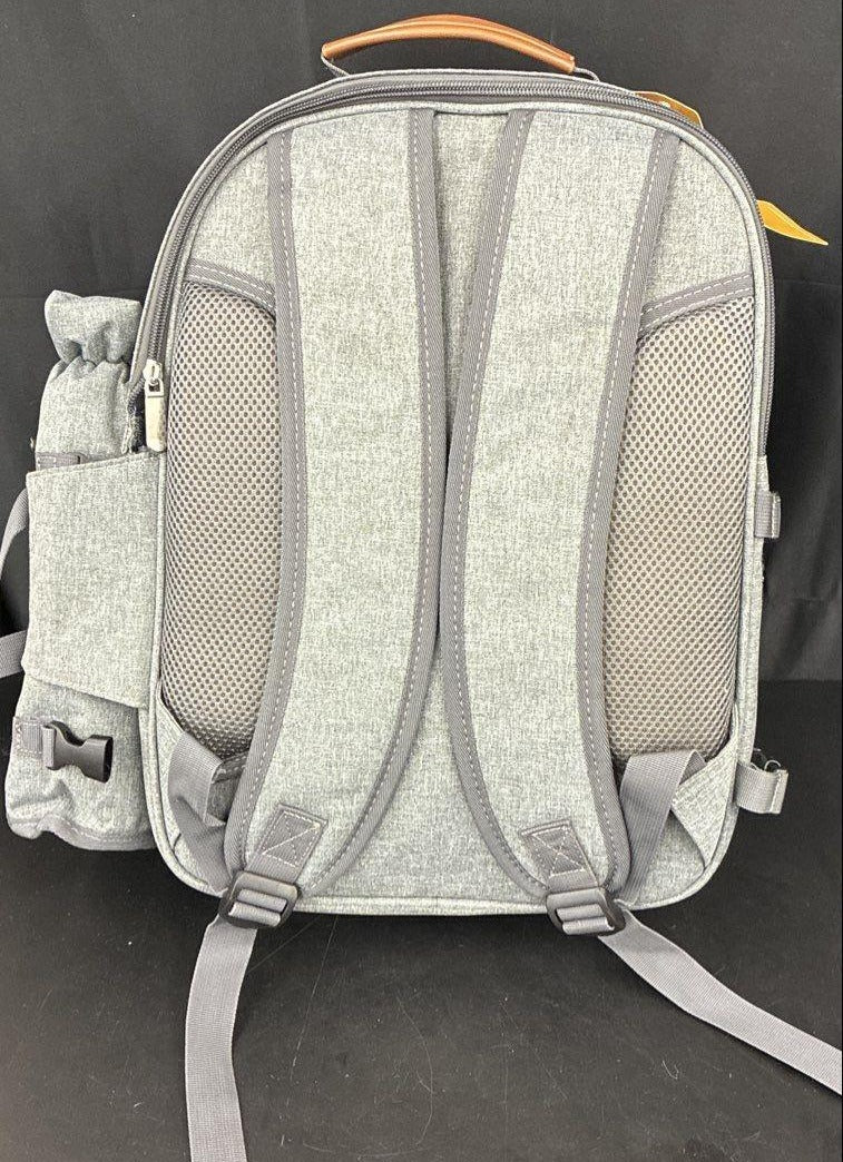 Sunflora Grey Picnic Backpack with Brown Faux Leather Accents