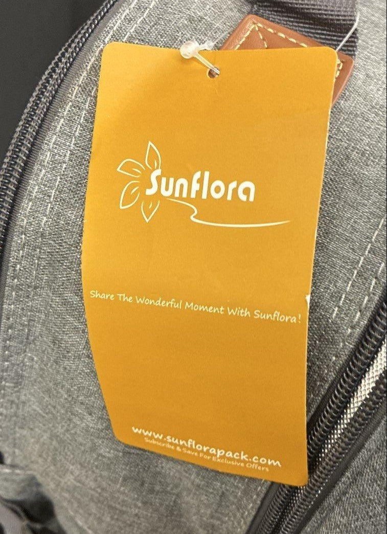 Sunflora Grey Picnic Backpack with Brown Faux Leather Accents