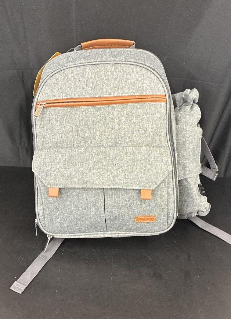 Sunflora Grey Picnic Backpack with Brown Faux Leather Accents
