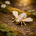 Signed Joan Rivers Gold Tone Pavé Crystal Bee Brooch with Green Rhinestone Eyes, Designer Insect Pin