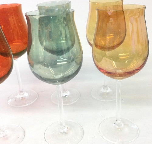 Set of 8 Multi-Color Wine Glasses Clear Stem 8.5 Inch Tall Green Orange Purple Red