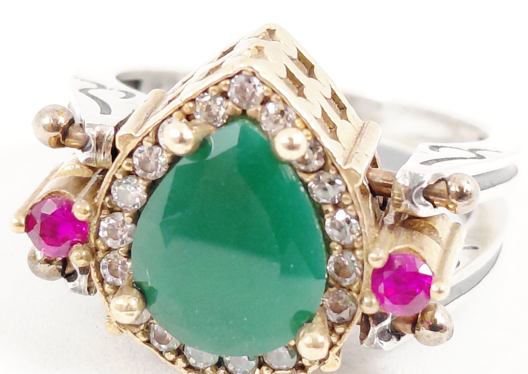 925 Silver Chrysoprase & Mystic CZ Reversible Cocktail Ring Size 7.5 (Missing 1 stone)