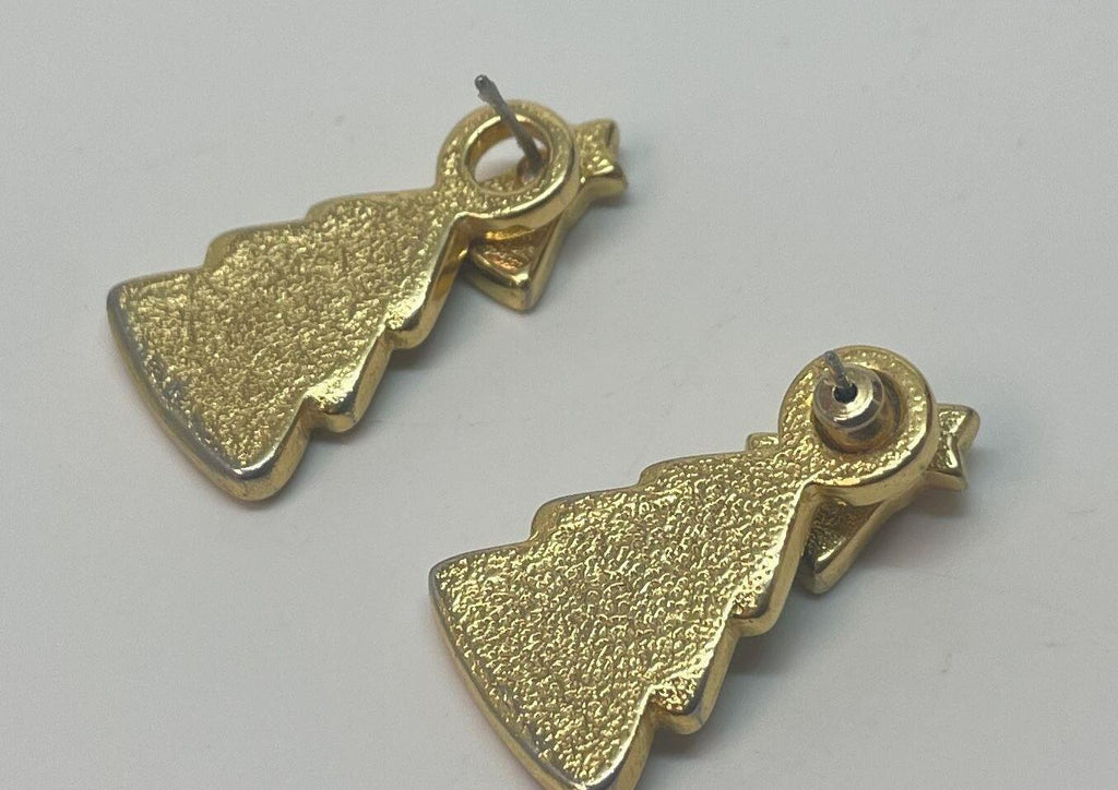 Gold Tone Green & Red Enamel Dangle Christmas Tree Earrings