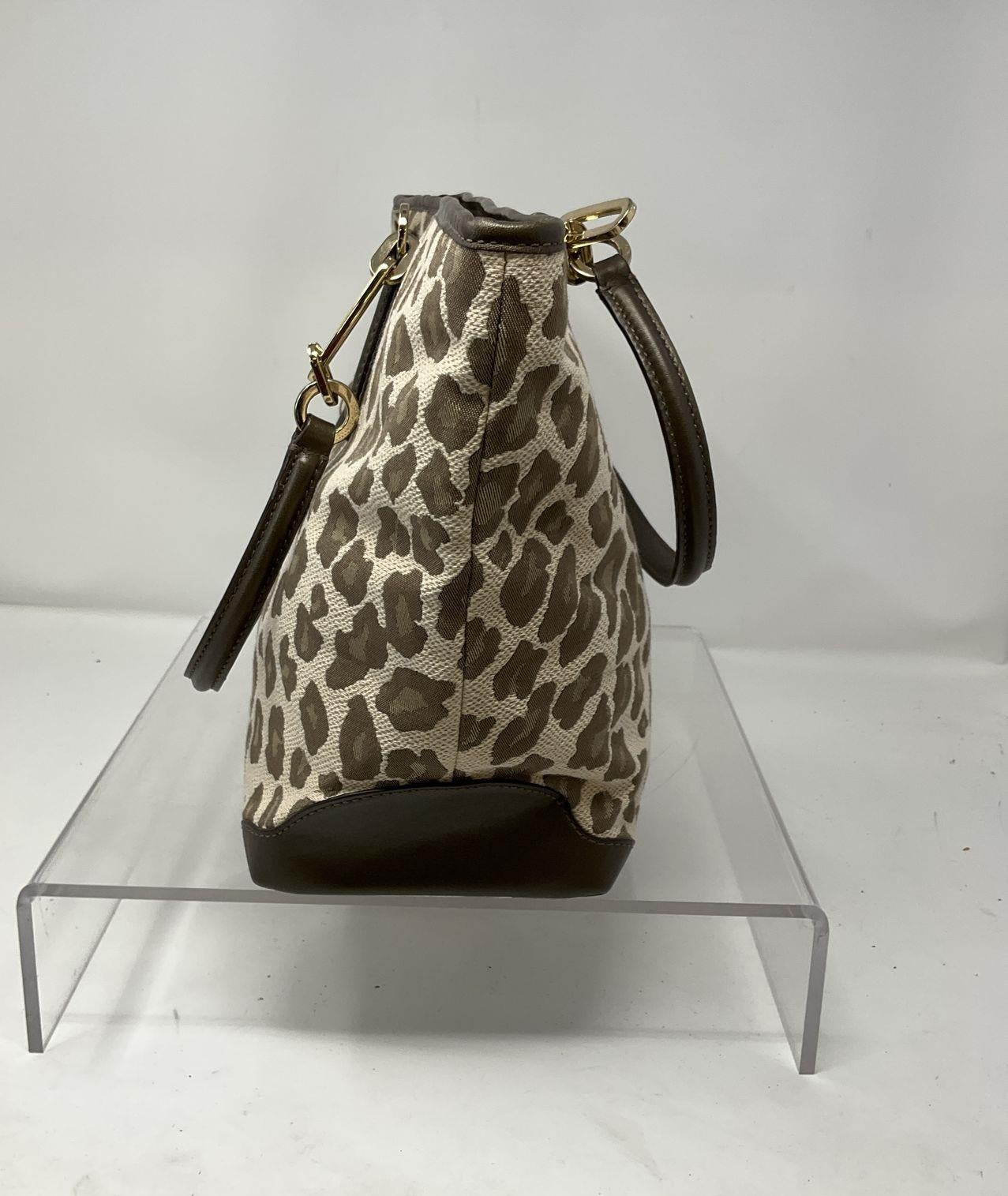 Coach Ocelot Leopard Jacquard Tote Bag Natural Brown Leather Trim Shoulder Shopper