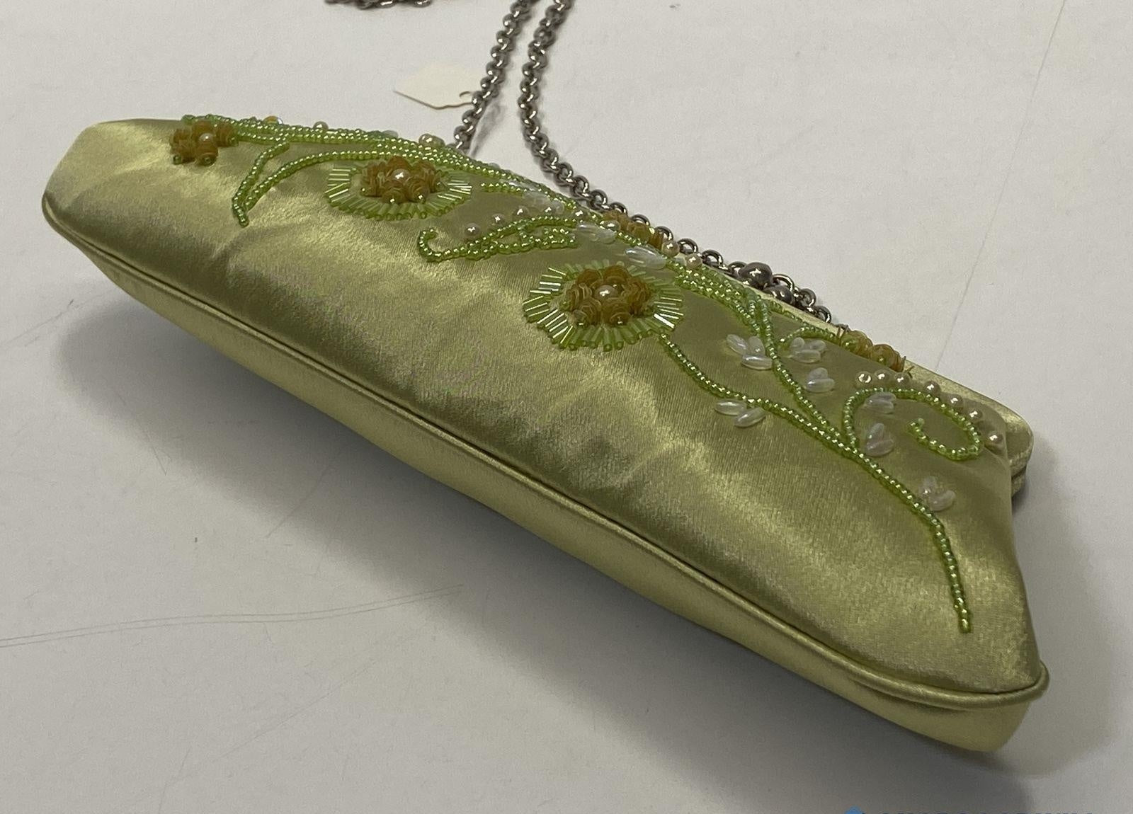 (SOLD) Mariell Green Satin Beaded Floral Design Kiss Lock Chain Strap Evening Bag