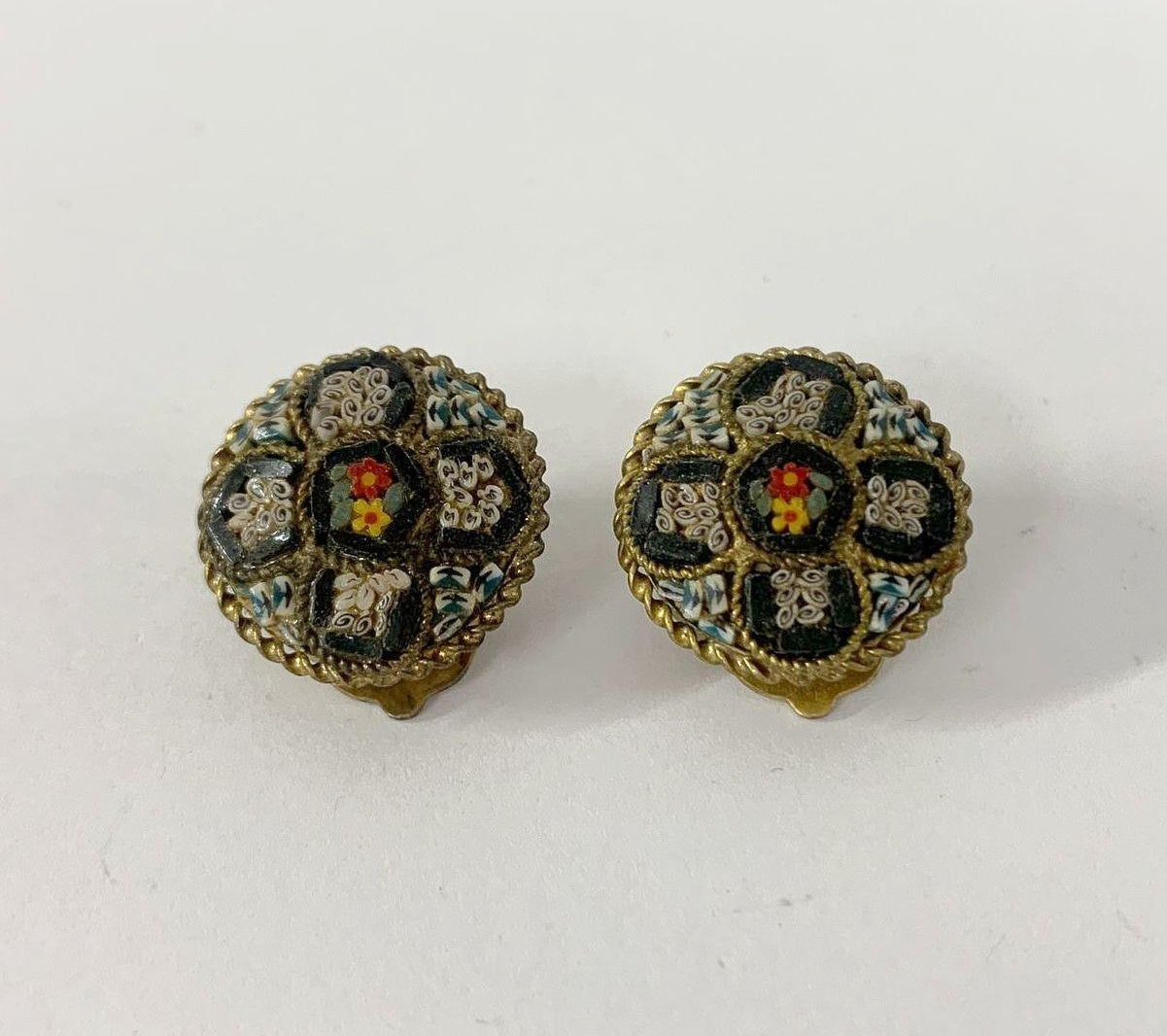 Gold-Tone Mosaic Glass Flower Clip-On Earrings, Black & Multicolor
