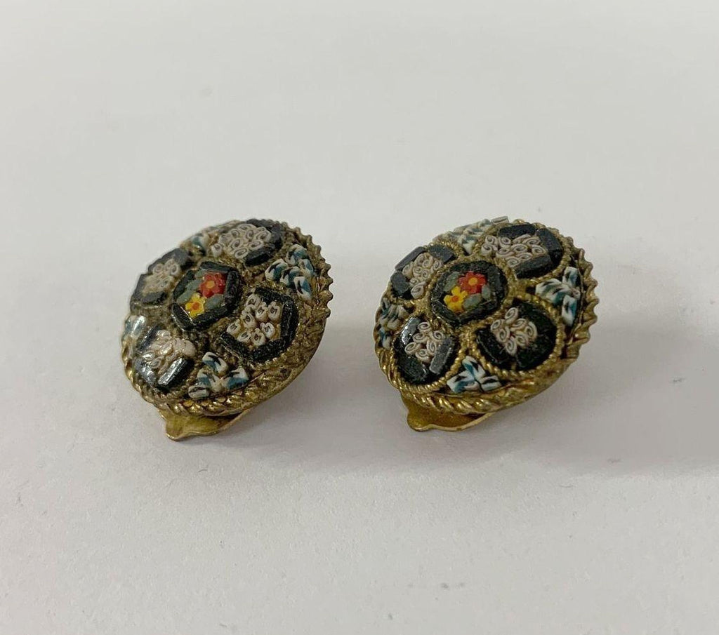 Gold-Tone Mosaic Glass Flower Clip-On Earrings, Black & Multicolor