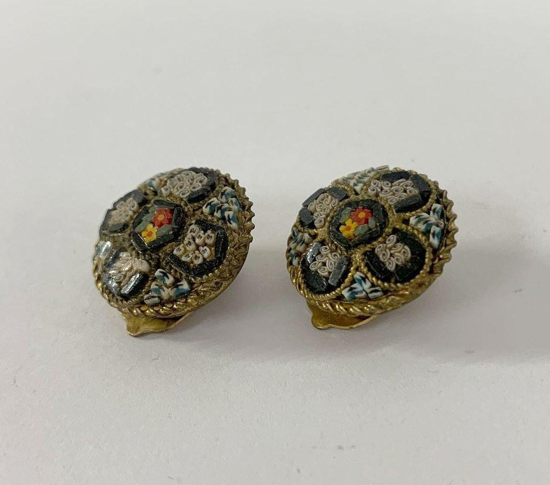 Gold-Tone Mosaic Glass Flower Clip-On Earrings, Black & Multicolor