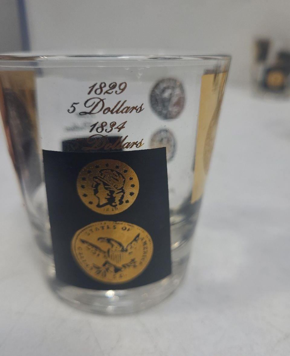 1960s Set of 6 Coin Barware Glasses with Gold & Black Designs