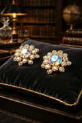 Gold Tone Aurora Borealis Crystal Cluster Screw Back Earrings Round Rhinestone Floral Vintage Jewelry