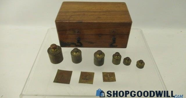 Antique Apothecary Jeweler’s Brass Balance Scale Weights with Wood Box | Partial Weight Set