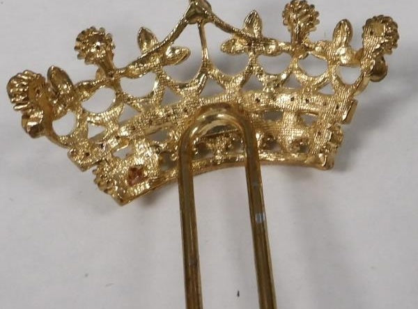Gold Tone Crown with Green and White Rhinestone Bun Pick