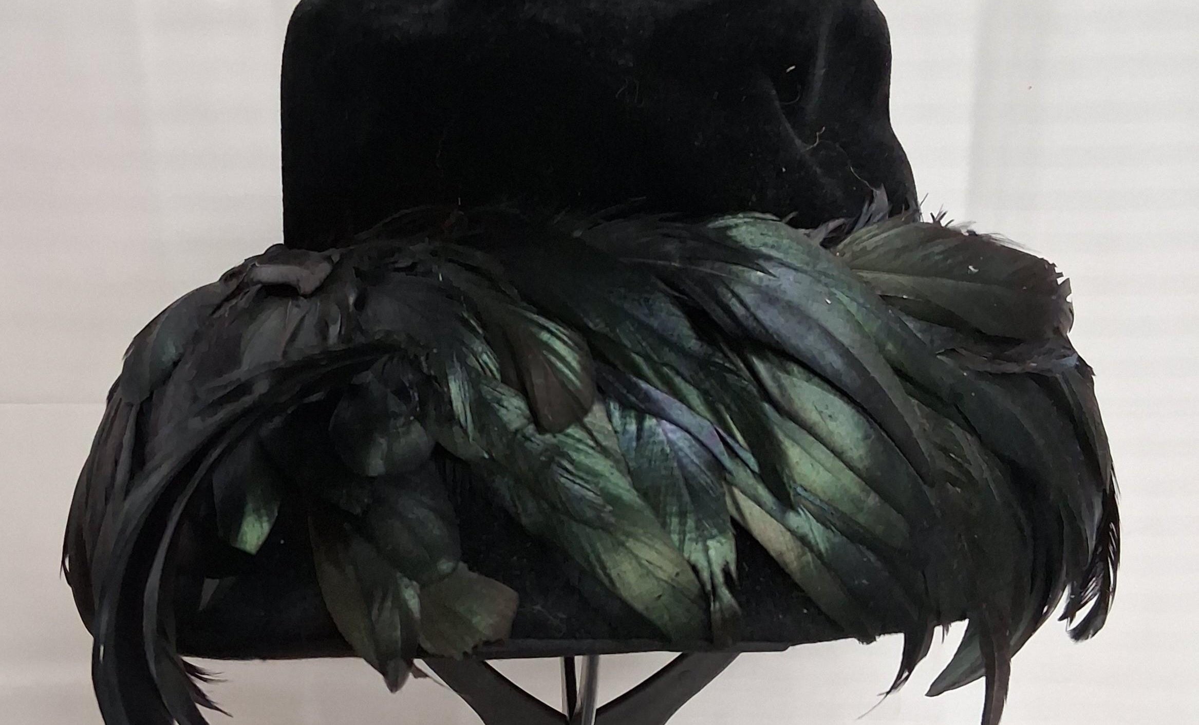 Vintage Jan Leslie Custom Design Black Velvet Hat with Feather Trim