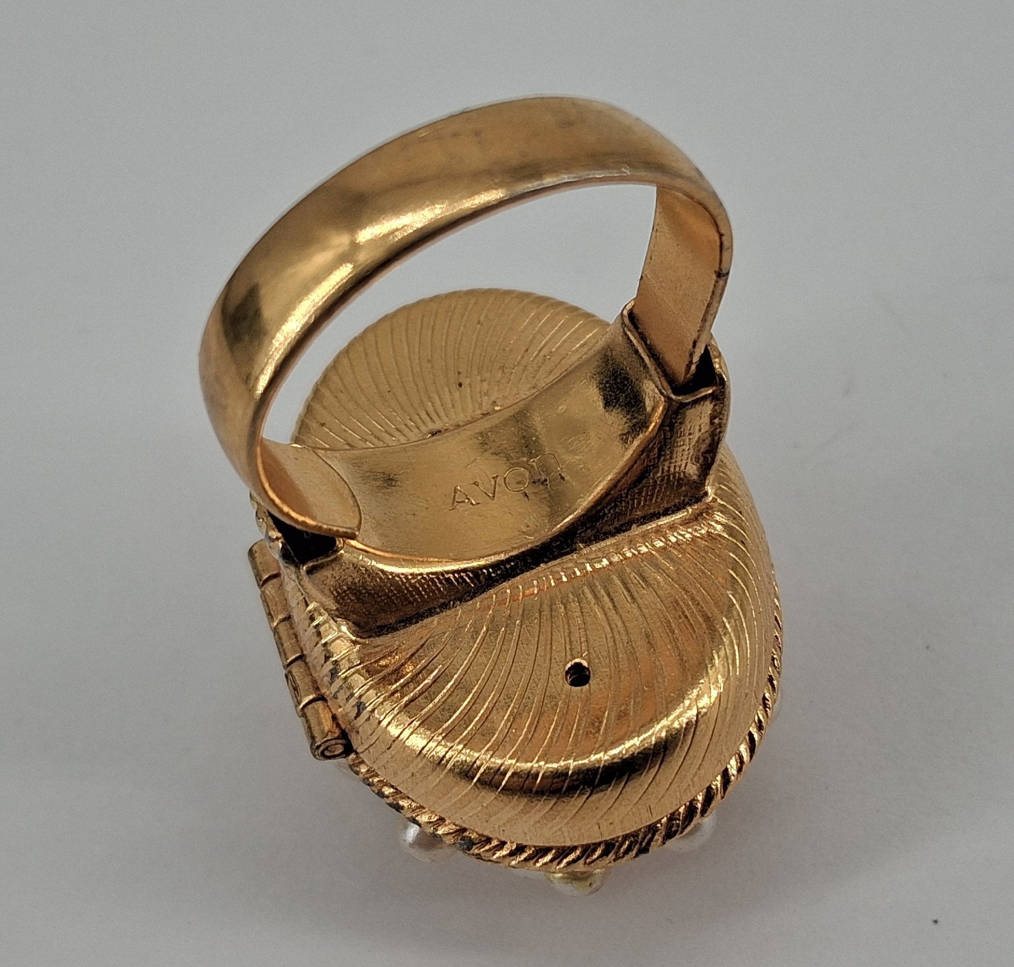 Vintage AVON Gold-Tone Locket Ring Faux Pearls Ornate Oval Design