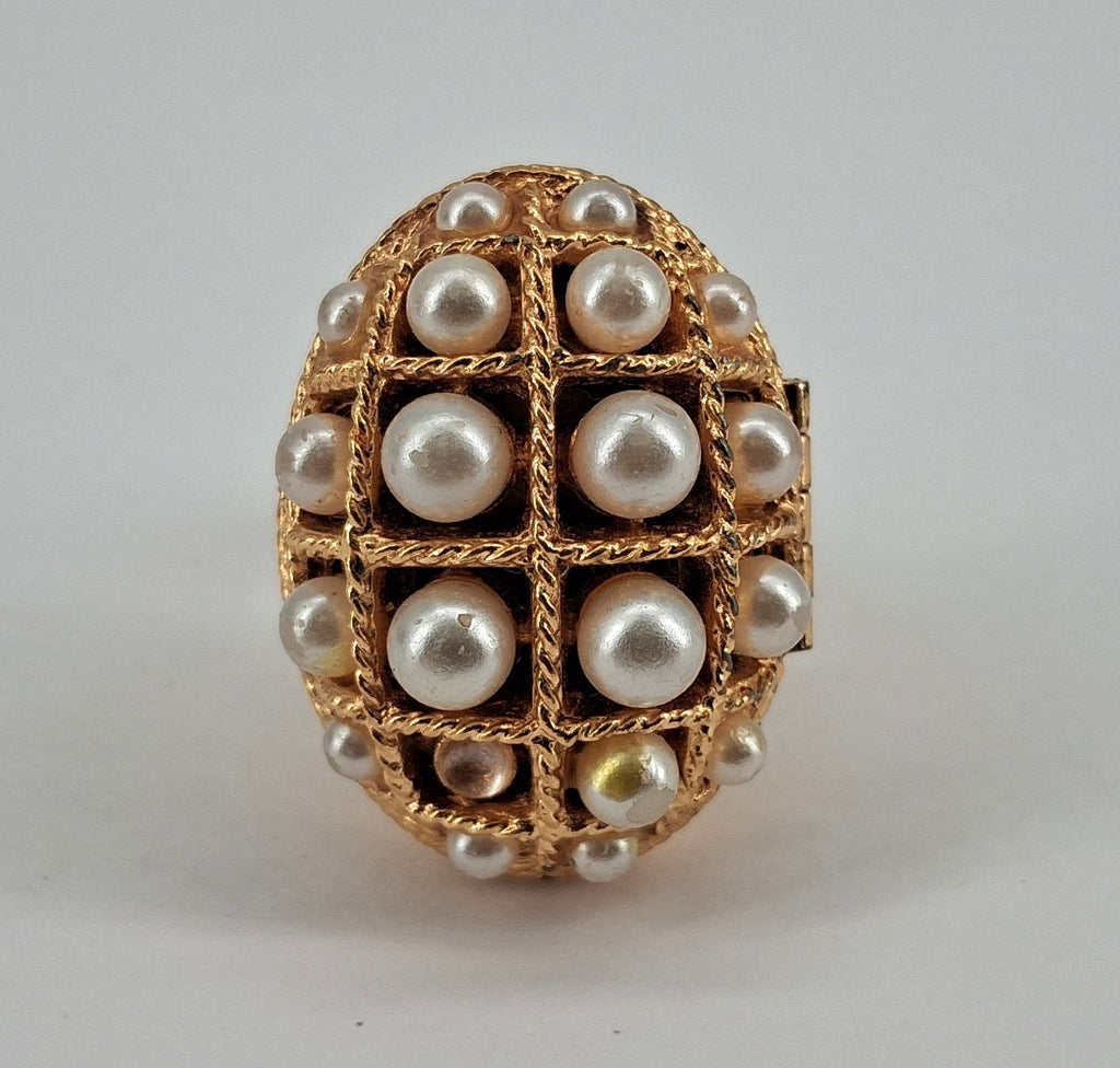 Vintage AVON Gold-Tone Locket Ring Faux Pearls Ornate Oval Design