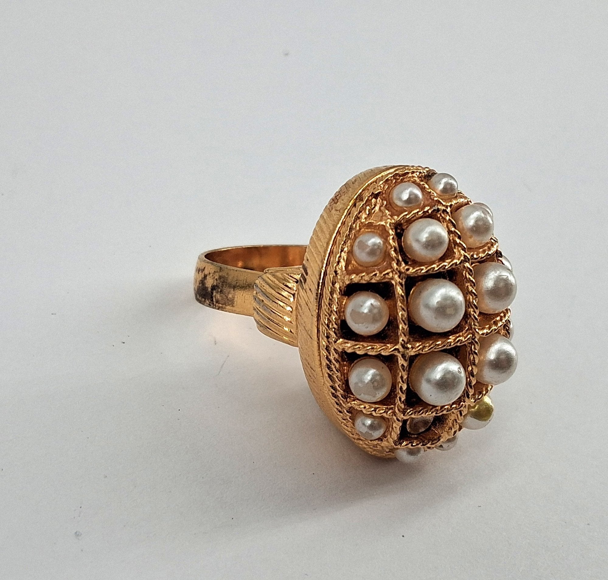 Vintage AVON Gold-Tone Locket Ring Faux Pearls Ornate Oval Design