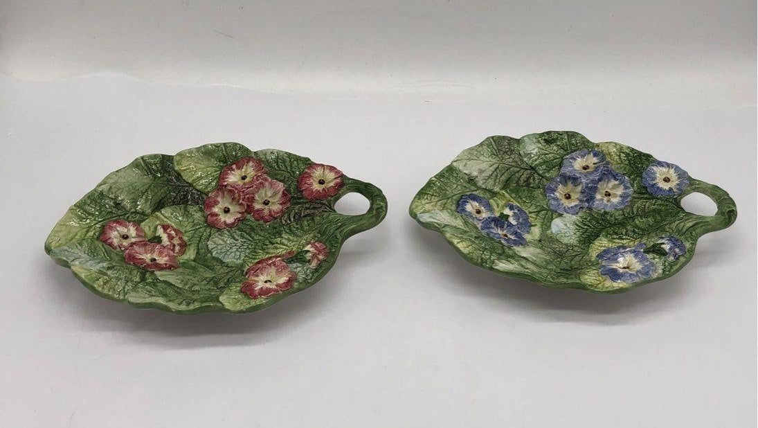 Fitz & Floyd Spring Floral Handled Bonbon Dishes Set of 2 Textured Majolica Style
