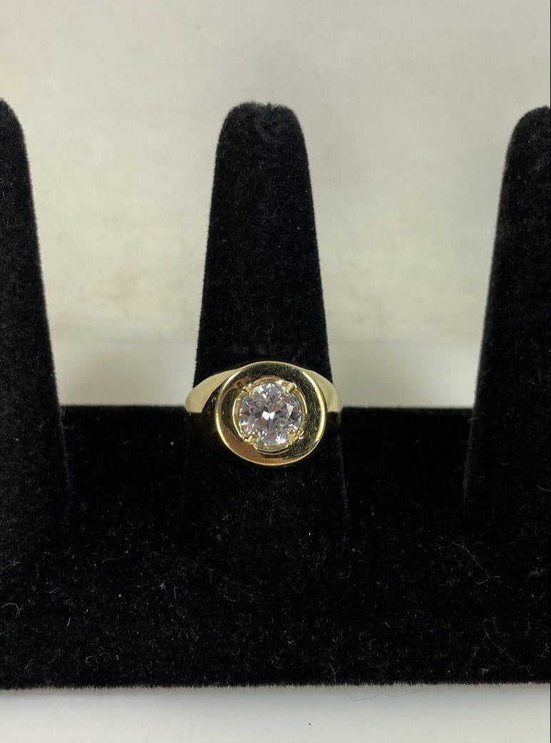 Gold Tone Colorless Glass Solitaire Men's Ring