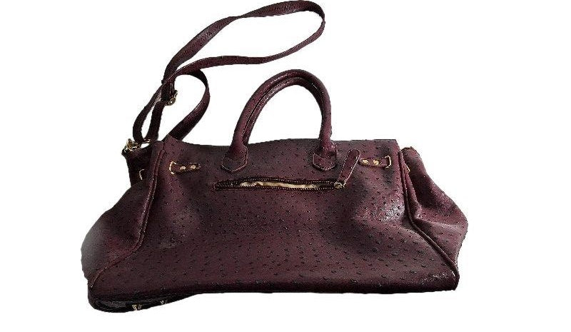 Mount Noble Plum Ostrich Embossed Shoulder Bag with Zipper Satchel Handbag