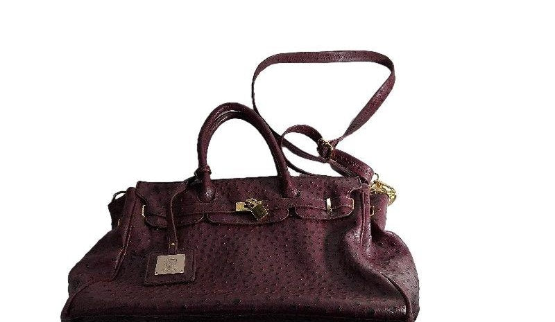 Mount Noble Plum Ostrich Embossed Shoulder Bag with Zipper Satchel Handbag