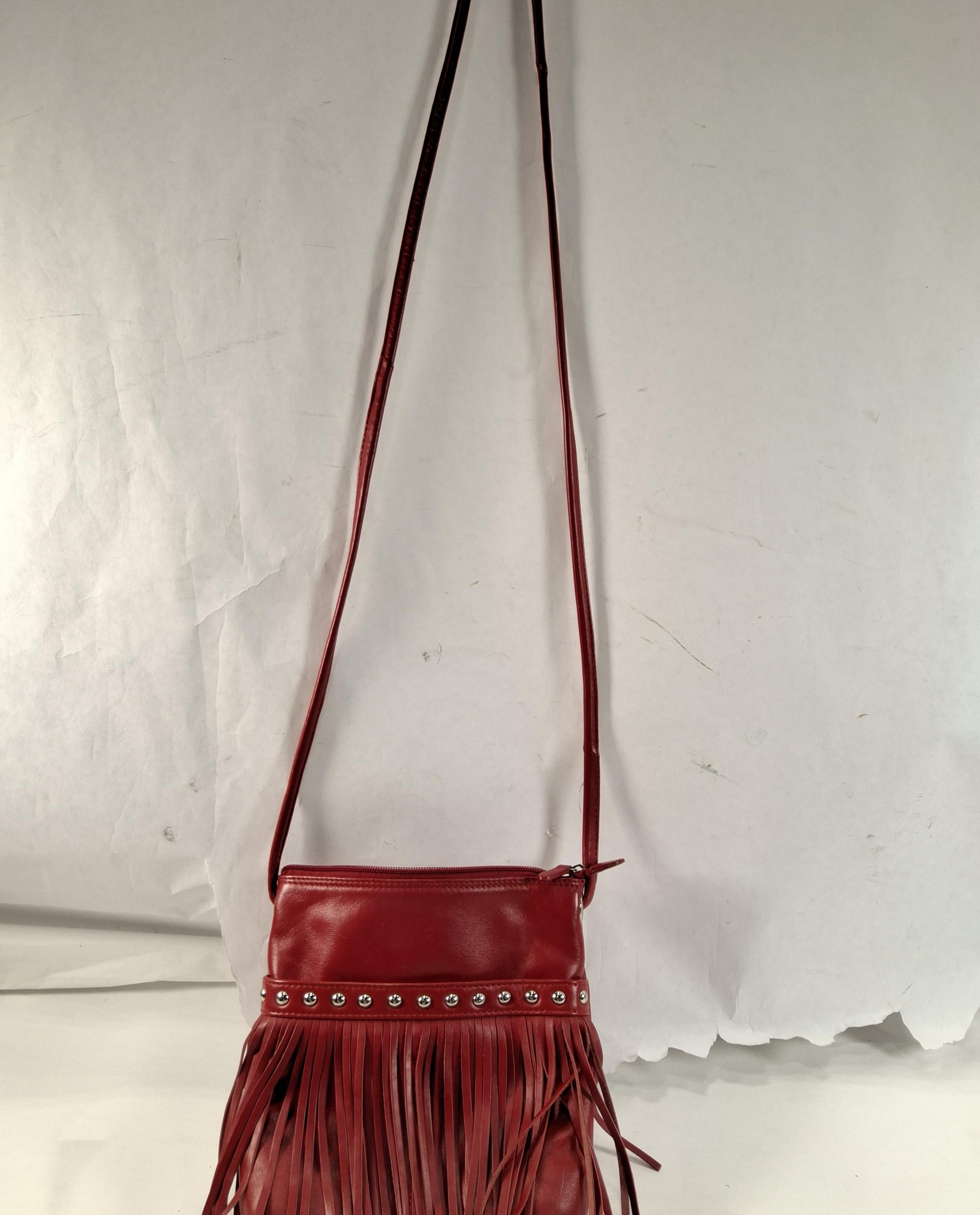 Vintage Red Leather Fringe Crossbody Bag with Stud Details | Boho Western Festival Purse