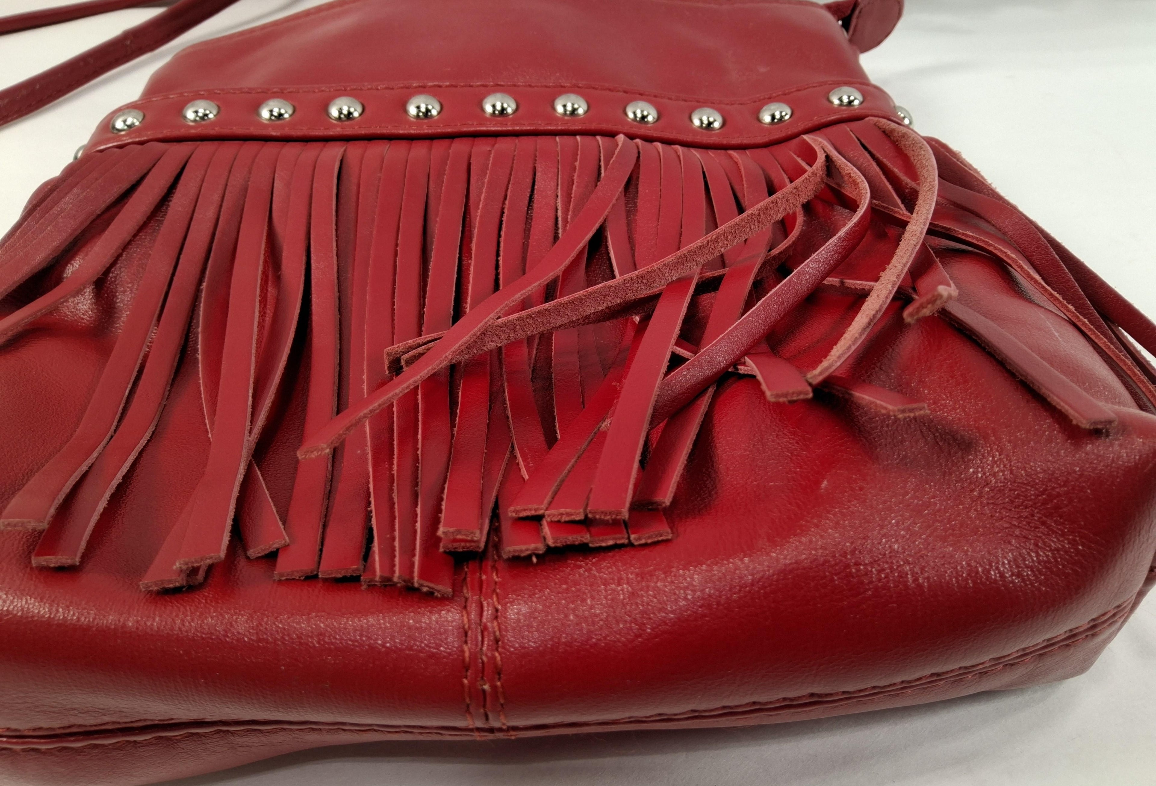 Vintage Red Leather Fringe Crossbody Bag with Stud Details | Boho Western Festival Purse