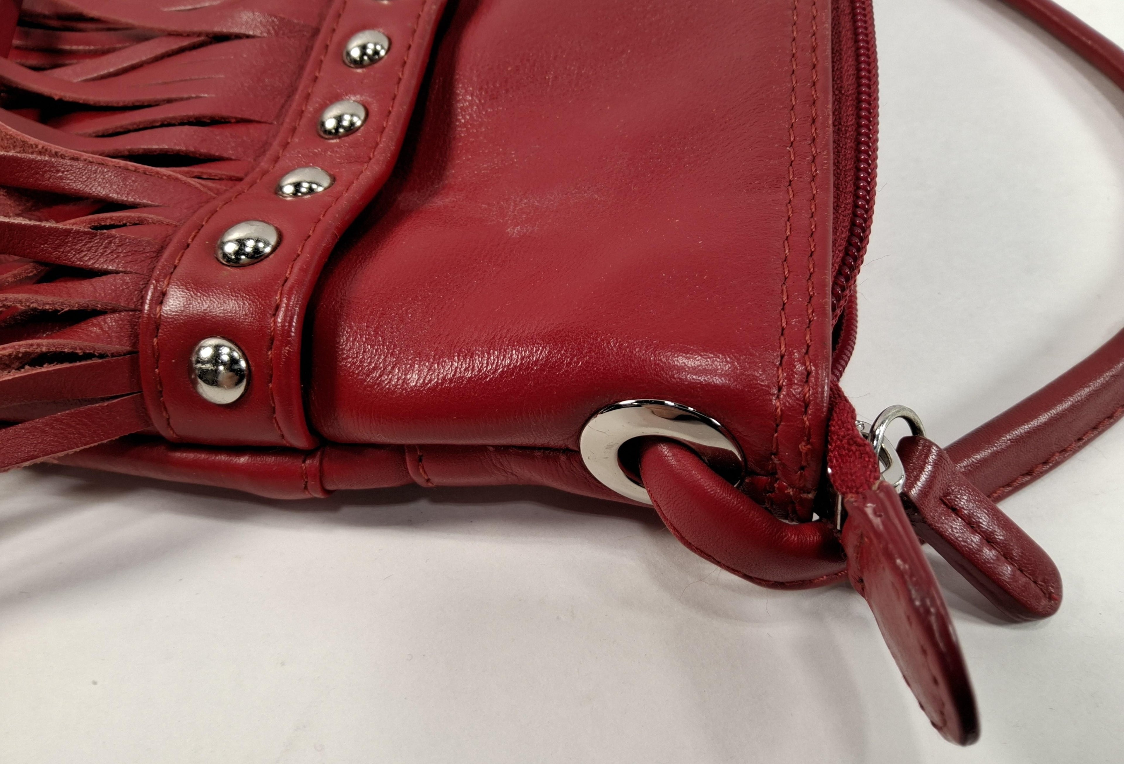 Vintage Red Leather Fringe Crossbody Bag with Stud Details | Boho Western Festival Purse