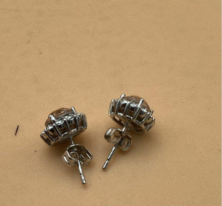 Silver Tone Stud Earrings with Pink and Clear Glass Stones