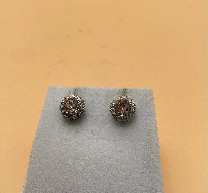 Silver Tone Stud Earrings with Pink and Clear Glass Stones