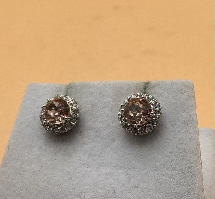 Silver Tone Stud Earrings with Pink and Clear Glass Stones
