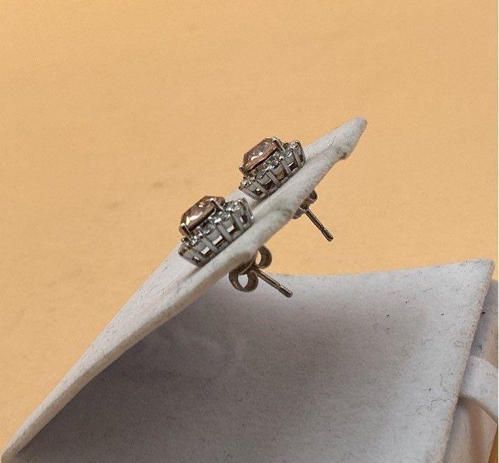 Silver Tone Stud Earrings with Pink and Clear Glass Stones