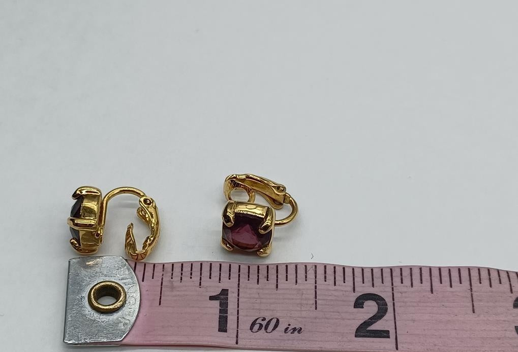Swarovski Purple Crystal Square Clip-On Earrings Gold Tone | Vintage Signed Designer Earrings