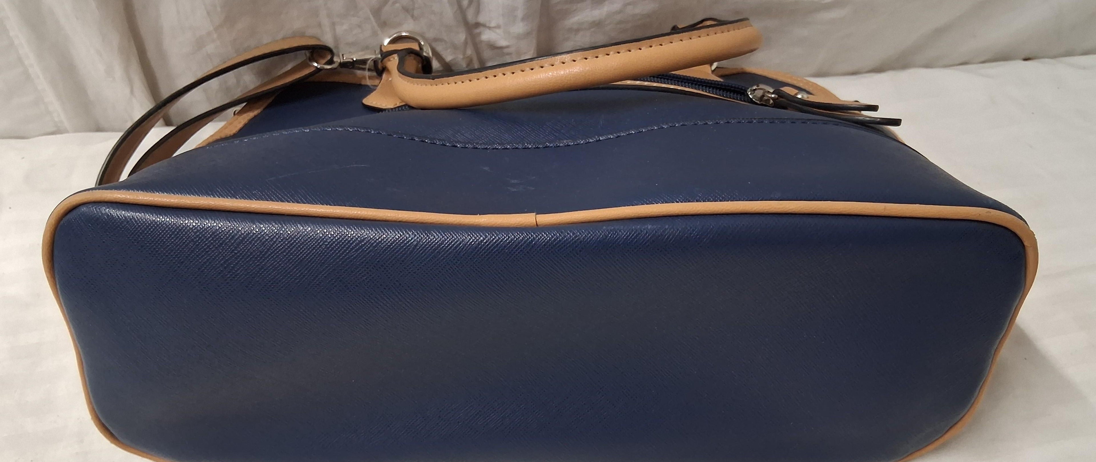 Giani Bernini Navy Blue Satchel Shoulder Bag with Tan Trim | Adjustable Crossbody Strap