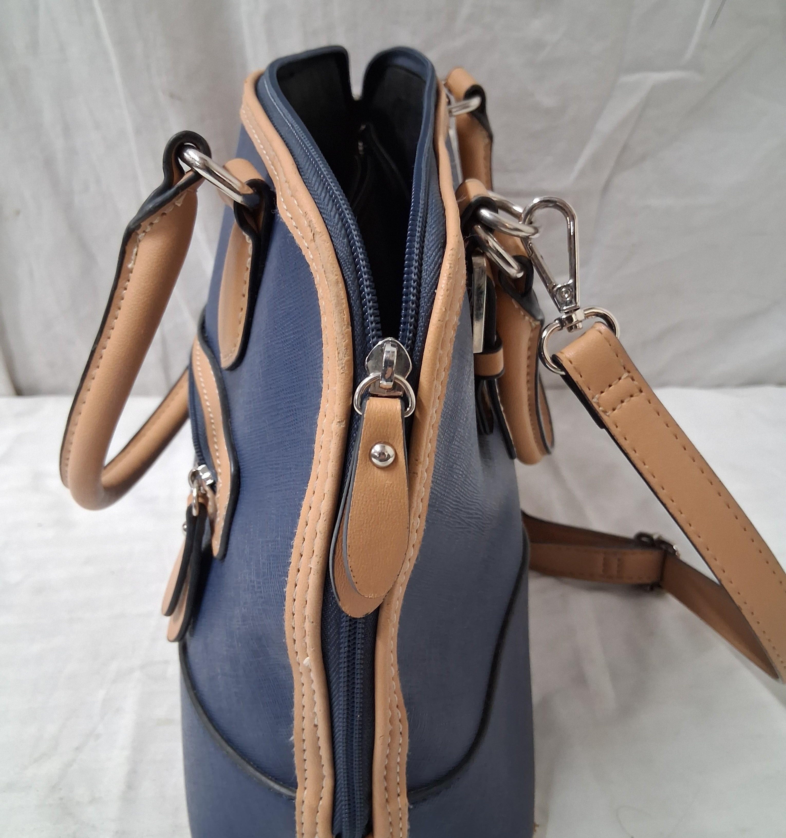 Giani Bernini Navy Blue Satchel Shoulder Bag with Tan Trim | Adjustable Crossbody Strap