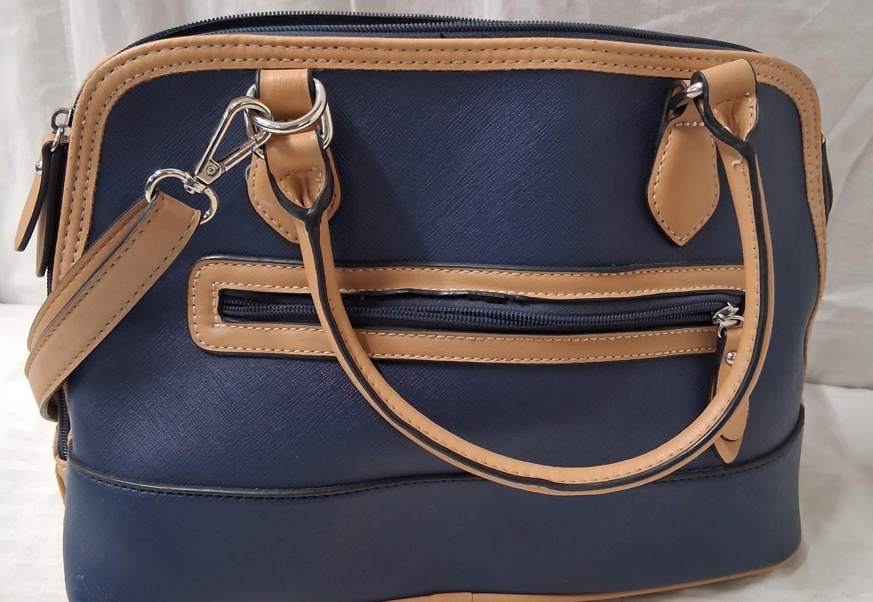 Giani Bernini Navy Blue Satchel Shoulder Bag with Tan Trim | Adjustable Crossbody Strap