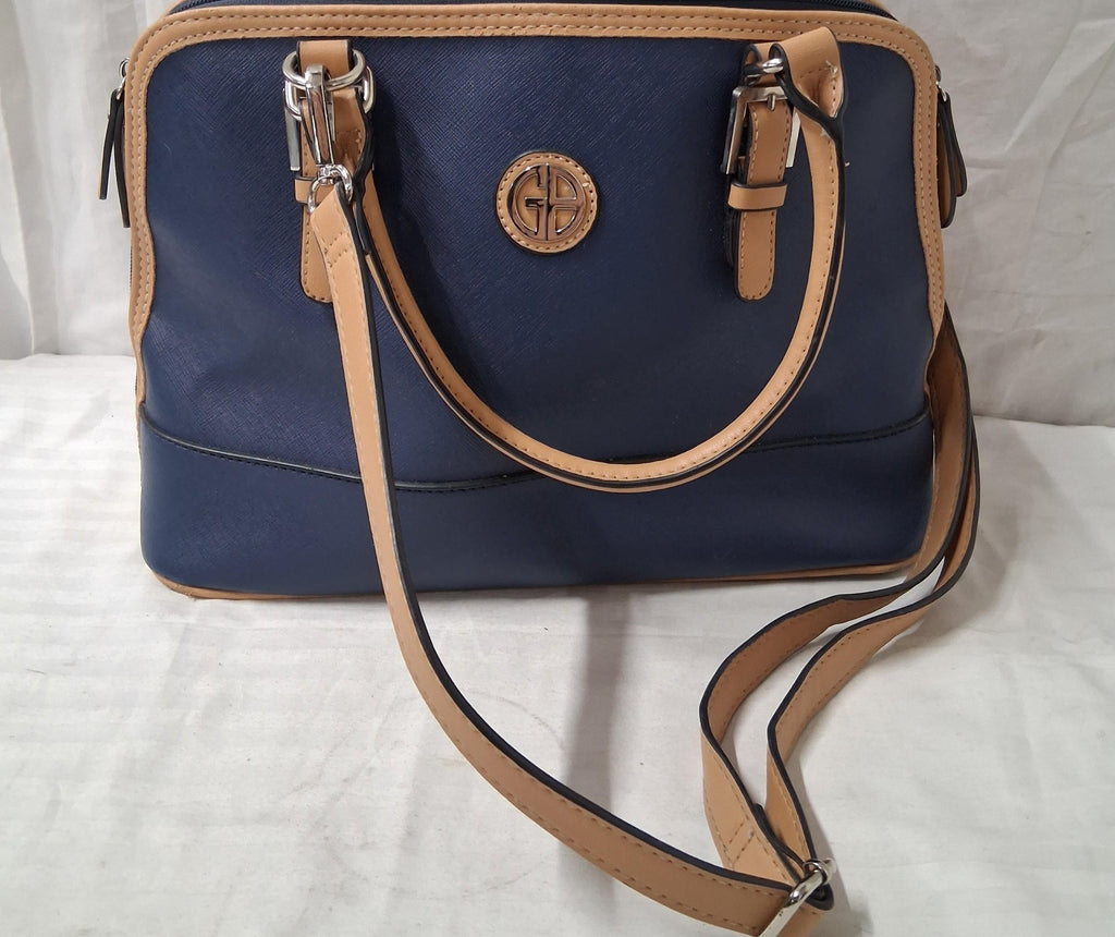 Giani Bernini Navy Blue Satchel Shoulder Bag with Tan Trim | Adjustable Crossbody Strap