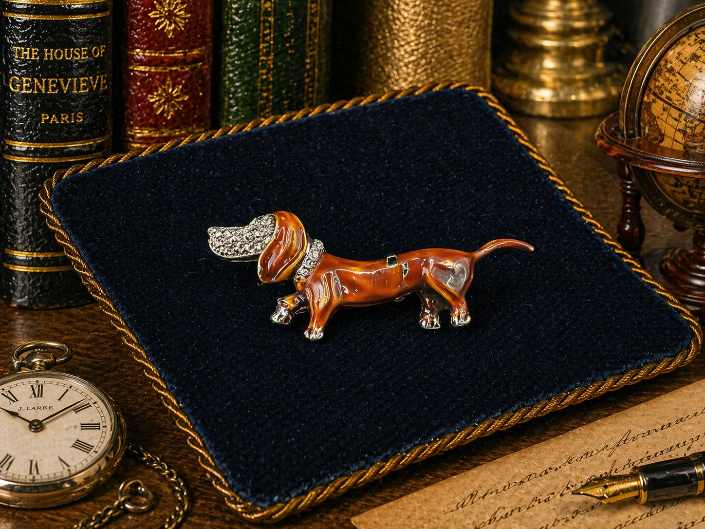 Brown enamel dachshund brooch with clear crystal ear and collar accents