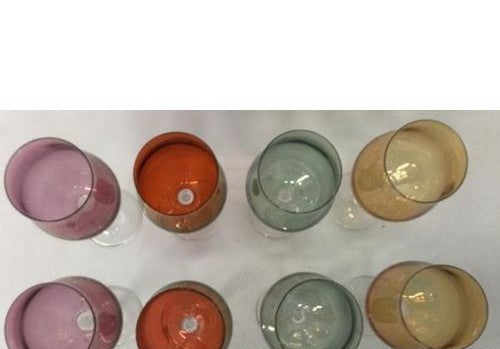 Set of 8 Multi-Color Wine Glasses Clear Stem 8.5 Inch Tall Green Orange Purple Red