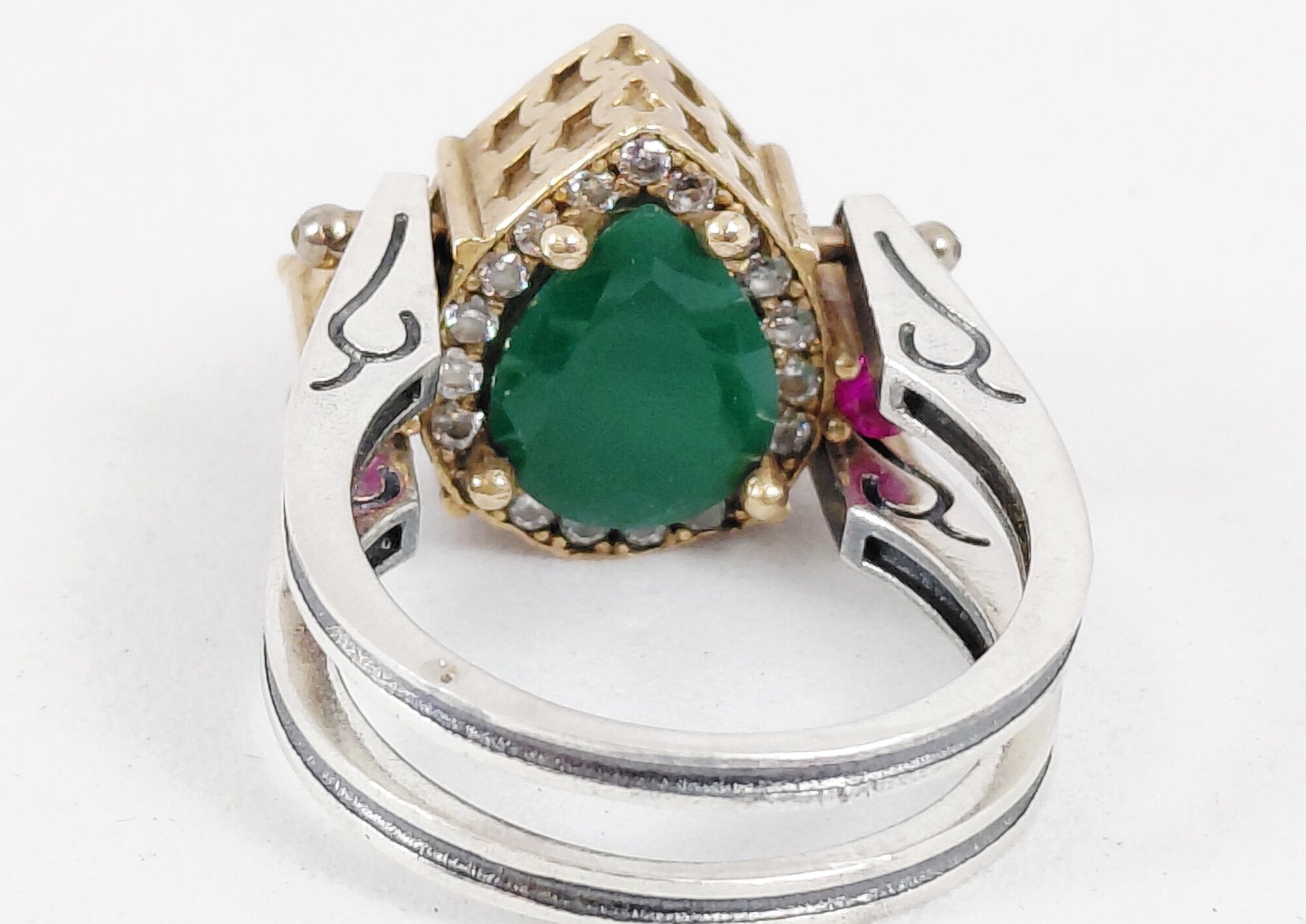 925 Silver Chrysoprase & Mystic CZ Reversible Cocktail Ring Size 7.5 (Missing 1 stone)