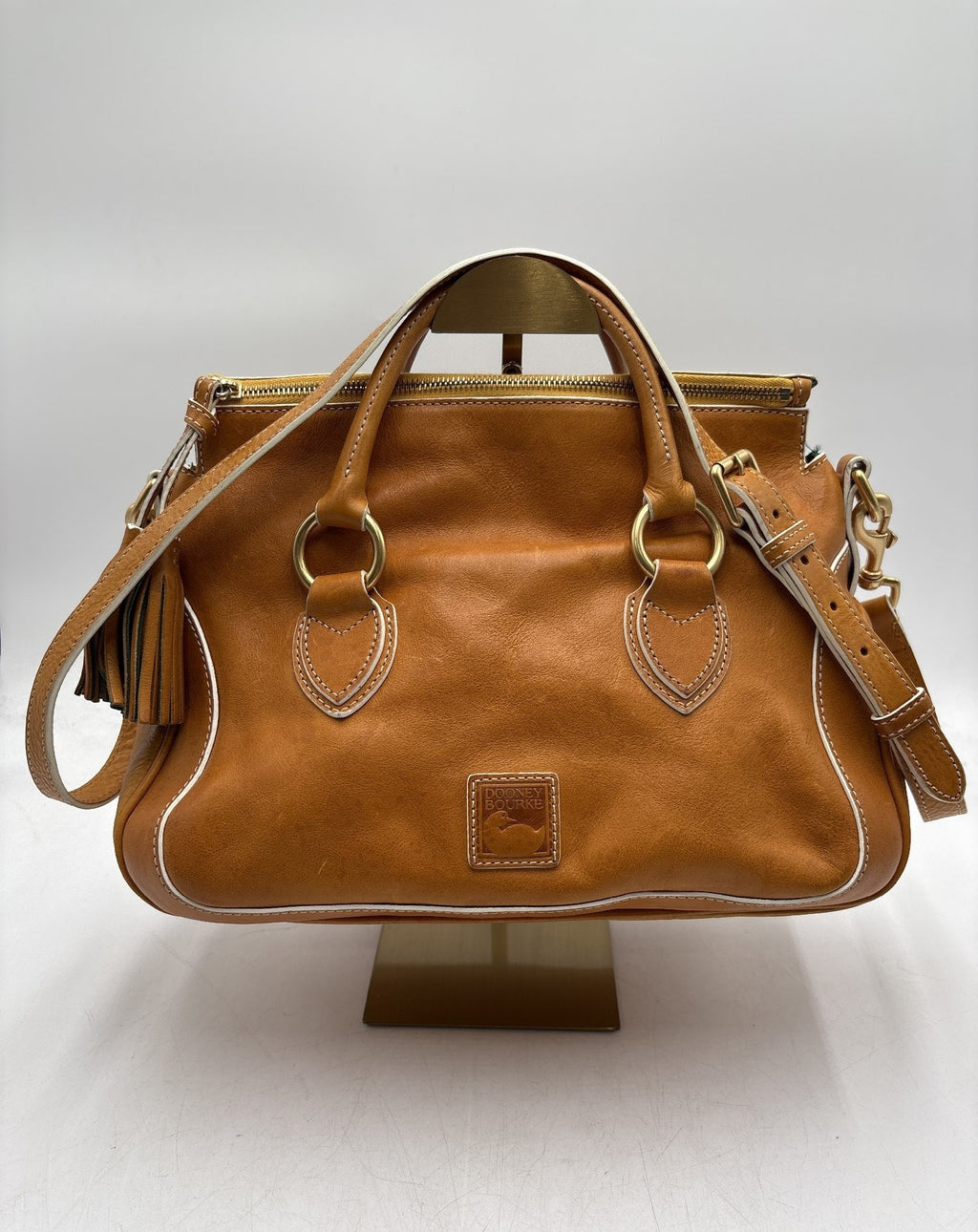 Dooney and Bourke Caramel Brown Leather Satchel Handbag Brass Hardware