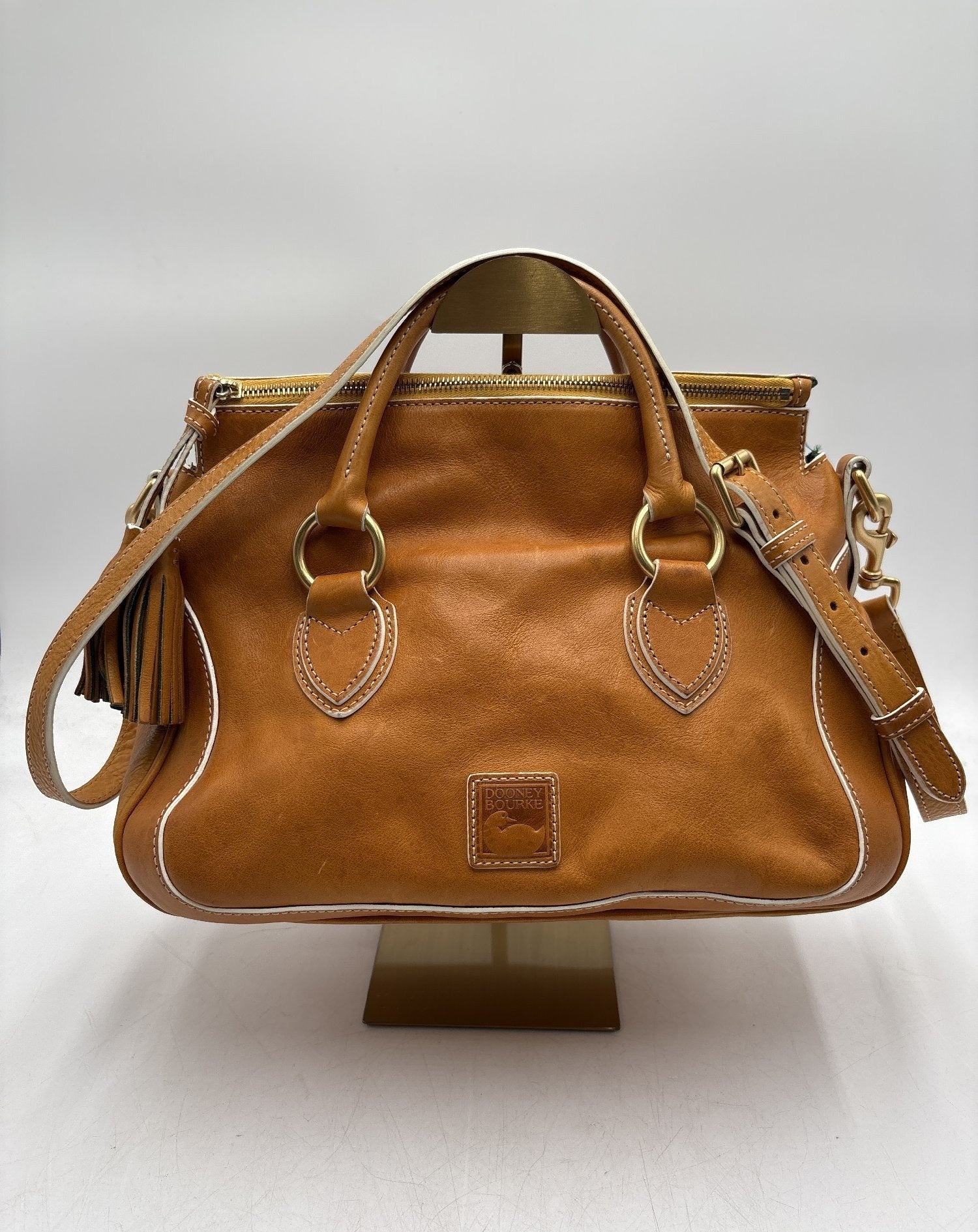 Dooney and Bourke Caramel Brown Leather Satchel Handbag Brass Hardware