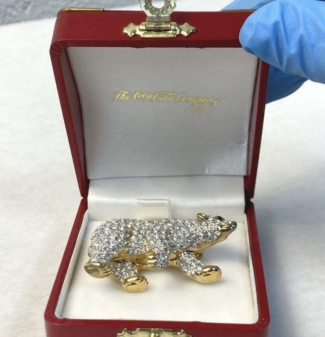The Coca-Cola Company Swarovski Crystal Polar Bear Brooch Gold Tone Collectible Lapel Pin