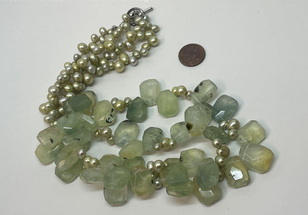 Green Freshwater Pearl & Quartz Double Strand Necklace, Silver Tone Statement Bead Necklace