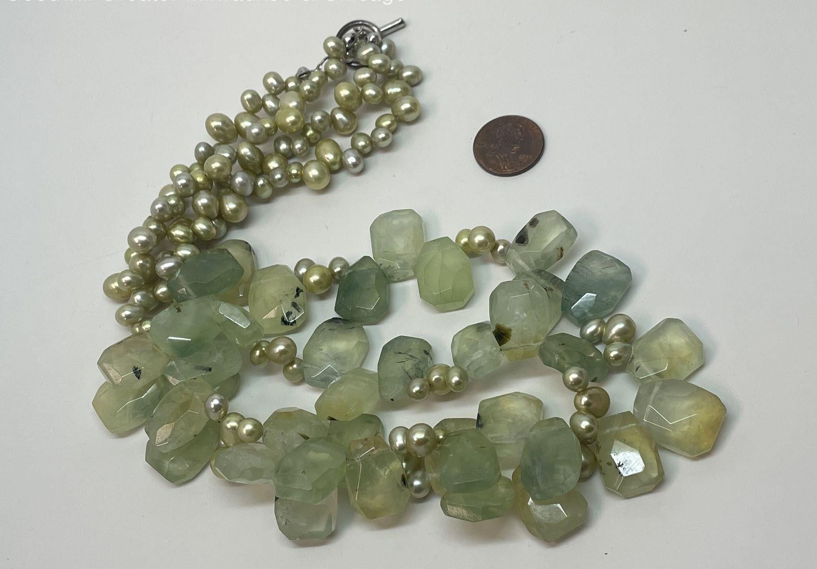 Green Freshwater Pearl & Quartz Double Strand Necklace, Silver Tone Statement Bead Necklace