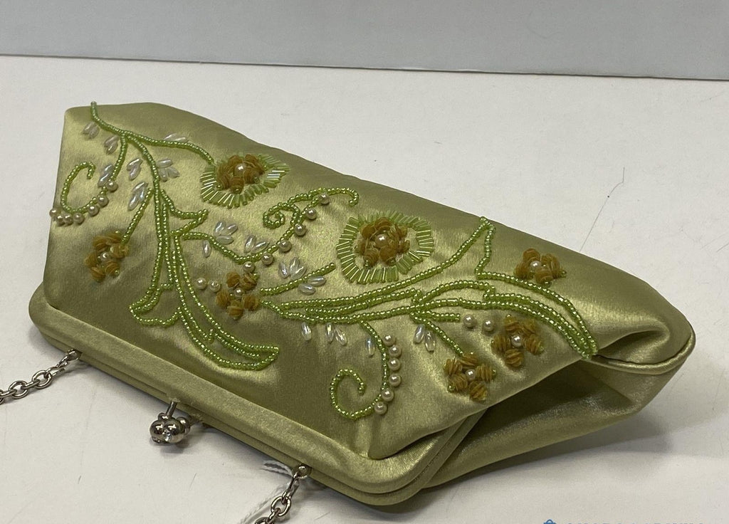 (SOLD) Mariell Green Satin Beaded Floral Design Kiss Lock Chain Strap Evening Bag