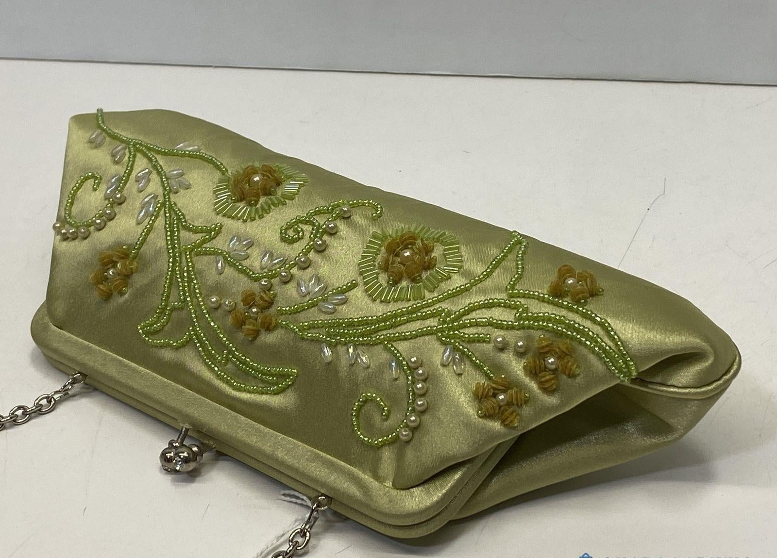 (SOLD) Mariell Green Satin Beaded Floral Design Kiss Lock Chain Strap Evening Bag