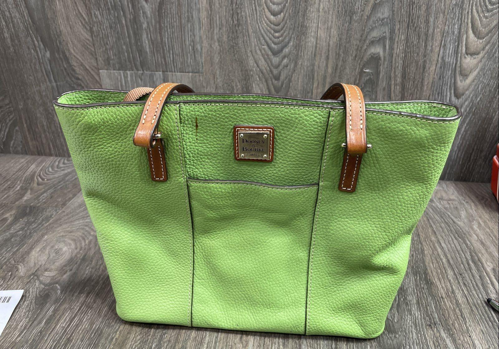 Dooney & Bourke Lime Green Pebbled Leather Tote Bag with Tan Leather Trim