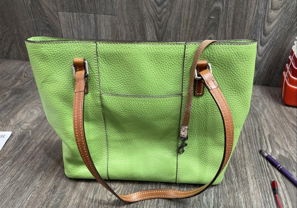 Dooney & Bourke Lime Green Pebbled Leather Tote Bag with Tan Leather Trim